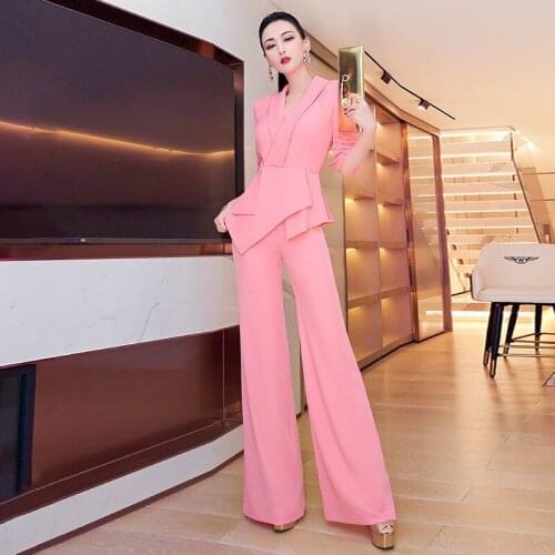 Spring Autumn Womens Temperament Professional Sets Slim Irregular Top + Pink Trousers Two-Piece Suits
