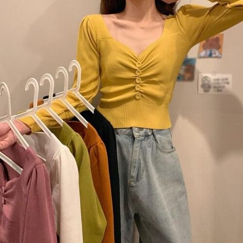 Office Lady Elegant V-Neck Long Sleeve Solid Pullovers Tee Casual Women Knit Button Pullover Top