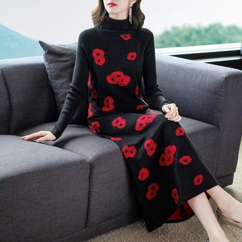 Black Red Flower Extra Long Knitted Dress Womens 2020 Autumn And Winter Slim Turtleneck Sweater Full Sleeve Maxi Vestidos y954