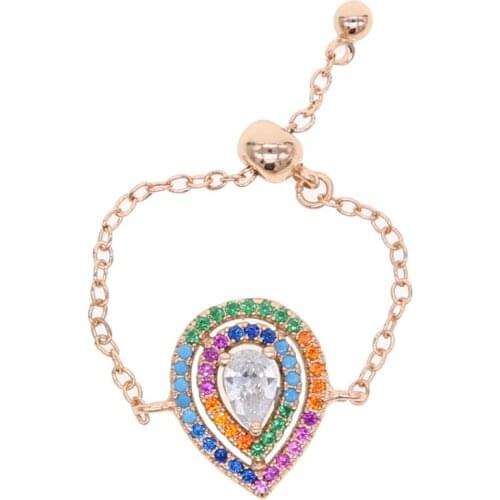 Rainbow tear drop cubic zirconia chain ring adjusted sizes free size women rose gold color pinky ring