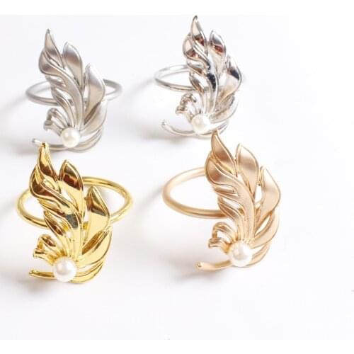 12pcs/lot Metal leaf pearl napkin ring leaf napkin buckle tissue ring suitable for wedding party decoration mouth ring