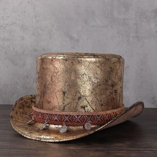 2021 Women Flat Leather Top Hat Shower Lday Fedora Hat Magic Flat Steampunk Cosplay Pork Pie Party Cap 3 Size