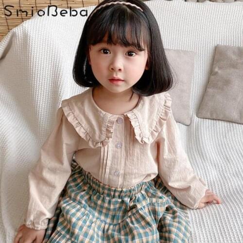 2021 Spring Lace Baby Collar Girls Shirt Childrens New Long Sleeve Kids Top Sweet Girls Turn Down Collar Solid Japan Tee Blouse