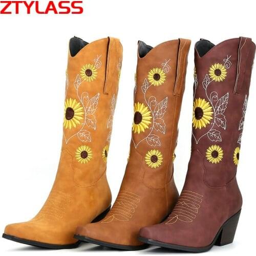 Wine Yellow Brown Embroidery Women Boots Retro Square Toe Thick Heeled Western Boots Slip On Mid Calf Boots Autumn Winter Shoes