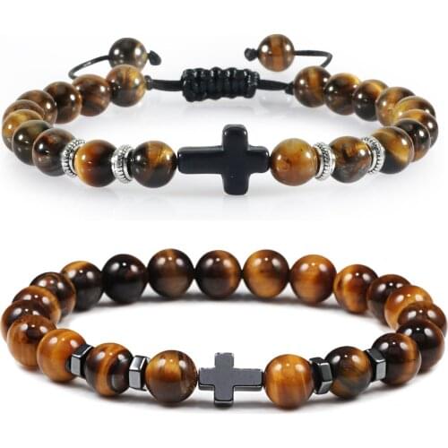 Hot Men Energy Bracelets Natural Tiger Eye Stone Black Lava Cross Beads Bracelet Bangle Adjustable Women Yoga Jewelry pulseras
