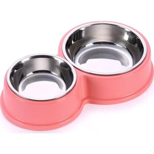 Double Dog Bowl Safety Healthy Plastic Stainless Steel Combo Circular Pet Water Feeder Tableware Cats Food Water Feeder Separate