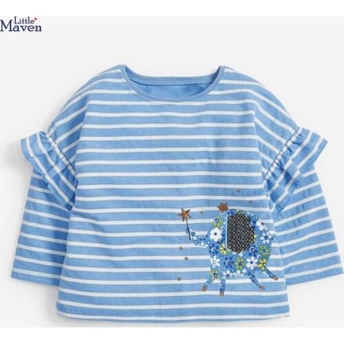 Little maven Girls T-shirt Autumn Cartoon Cute Stars Animal Pattern Casual Crew Neck for Long Sleeve Blue Stripe Clothes