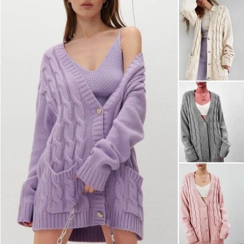 Autumn winter V-neck loose knit cardigan womens single-breasted casual oversized sweater womens long-sleeved knitted pullover