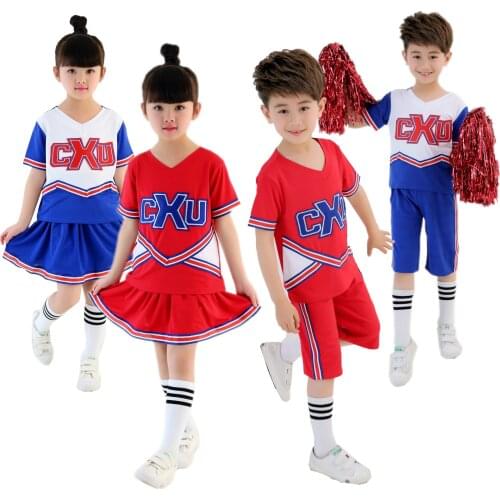 KTLPARTY cheerleading student red blue boy girl children Musical Cheerleader Costume Cheer Uniform Fancy suit skirt sock