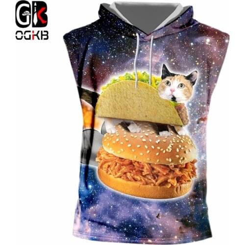 OGKB Summer Tops Women/mens Funny Print Hamburger ALien Cat d Hooded Tank Top Man Hiphop Sleeveless Undershirt Hoody Tracksuits