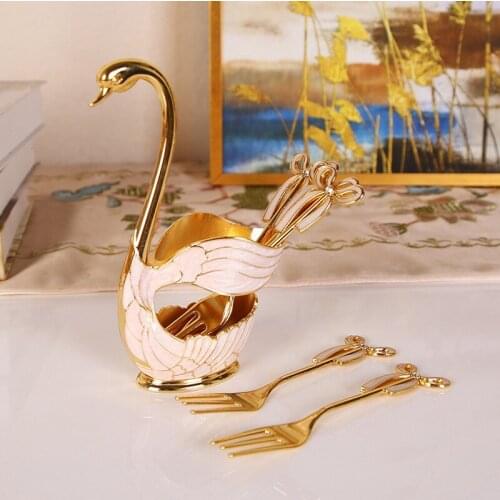 Dinnerware Set Zinc Alloy Fruit Cake Fork Coffee Tea Spoon Swan Holder Cutlery Set 1XSwan Holder 6XSpoons