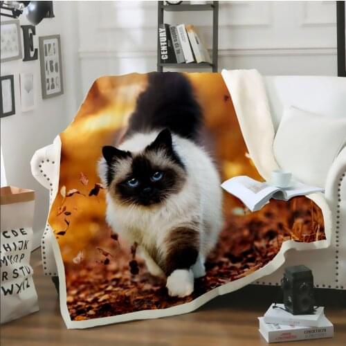 Cute Birman Cat Pet Throw Blanket 3D Print Plush Sherpa Blanket Sofa Bed Chair Rest Bedspread Family Blanket Decor Supply