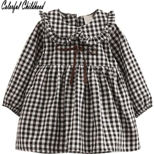 Kids Fall Winter Dress For Girls Peter Pan Collar Lantern Long Sleeve Plaid Toddler Girl Dress robe Enfant kleding meisjes 0-7t