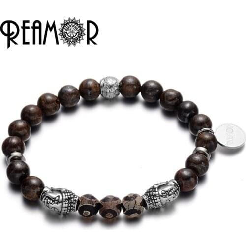REAMOR Retro Bronzite Gem Beads Bracelets Stainless steel Buddha Head Natural Stones Beads Stretch Bracelet For Men DIY Jewelry