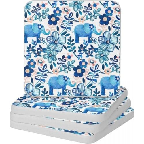 Blush Pink White And Blue Elephant And Floral Diatomaceous Earth Square Round Shape Coaster Non-slip Cup Bonsai Mat Soap Pad 10