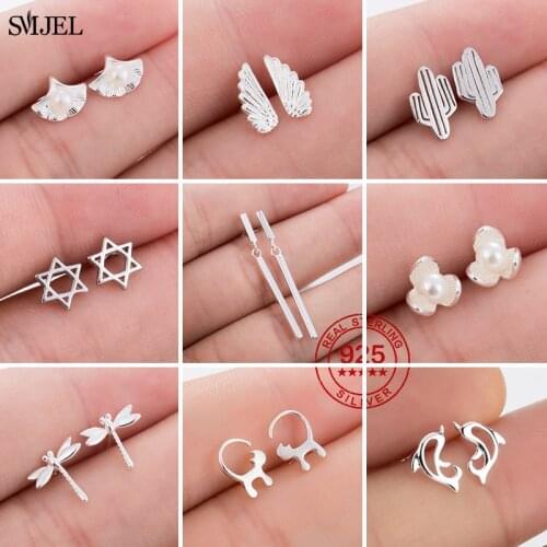 Real 925 Sterling Silver Long Square Bar Earrings for Women Fashion Pearl Angel Wing Cat Dragonfly Star Earrings Girl Pendientes