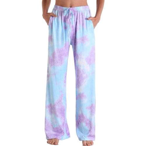 Tie Dye Wide Leg Long Pants Sleep Bottoms with Pockets Women Casual Baggy Clothing Sleep Wear Pants Lounge Wear for Summer 2021