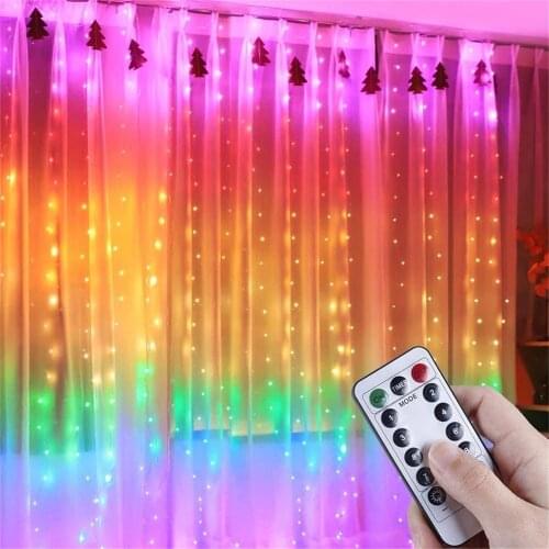 3X3M Rainbow Curtain Light LED String Garland Fairy Icicle Decorative Lights for Christmas Party Bedroom Wall Wedding Decor