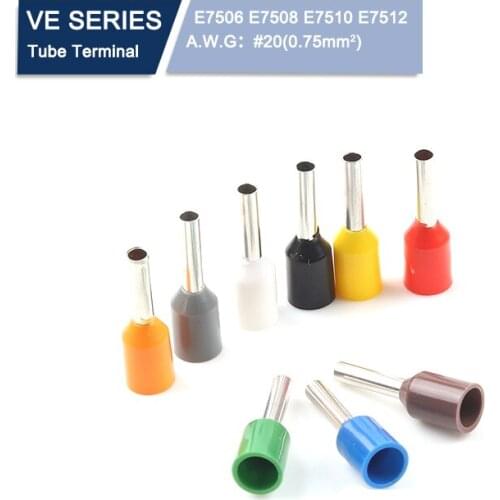 100PCS VE TUBE E7506 E7508 E7510 E7512 Insulated Ferrules Terminal Block Cord End Wire Connector AWG 20 0.75mm2 Crimp Terminals