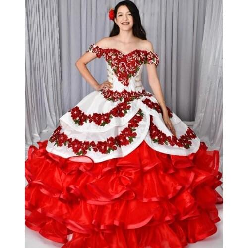 Vintage Red And White Quinceanera Dresses Mexican Two Piece Removeable Skirt Prom Dress Lace Organza Ruffles Sweet 16 Birthday