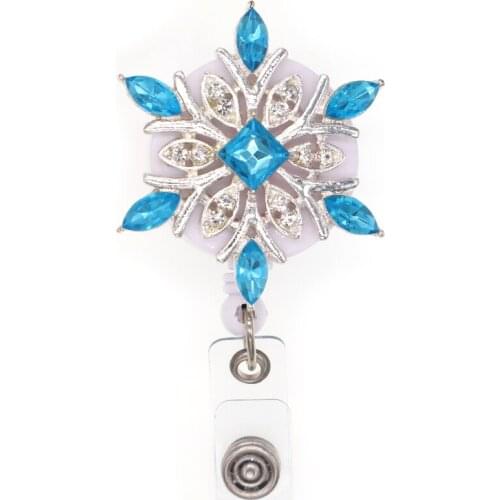 10pcs/lot Free Shipping Blue rhinestone Snowflake Badge Holder Retractable Nurse/School/Office Badge Reel