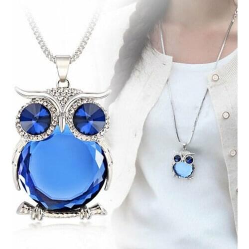 Women Sweater Chain Necklace Owl Design Rhinestones Crystal Pendant Necklaces Jewelry Clothing Accessories White/ Blue Color Hot