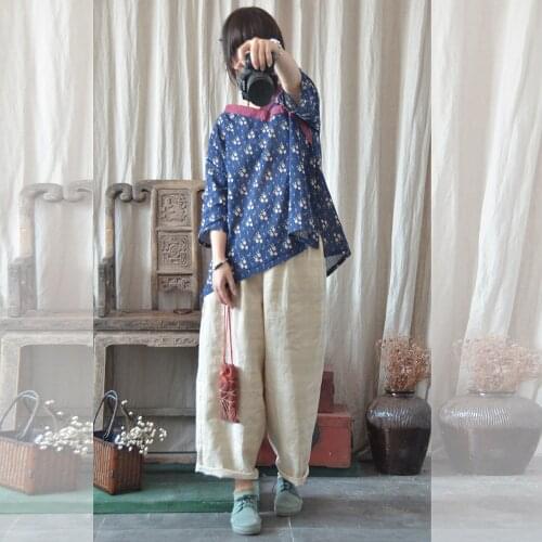 Women Irregular Hem V neck Retro Tops Tees Ladies Vintage Tee Shirt Female Loose Shirt Summer Three Quarter Sleeve Shirts