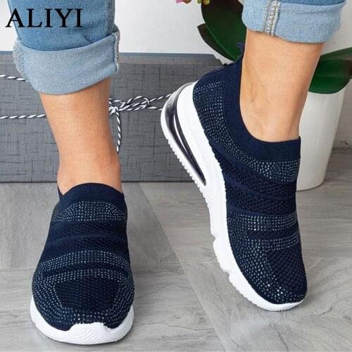 Womens Breathable Sneakers 2021 Summer Knitted Fabric Ladies Slip On Lightweight Loafers 35-43 Large-Sized Female Sport Flats