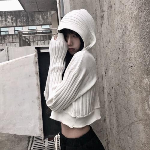 Deeptown Knitted White Sweater Women Vintage Crop Tops Long Sleeve Button Up Cardigan Korean 2021 Autumn Gothic Punk Clothes