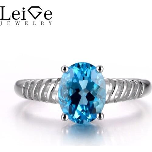 Leige Jewelry Genuine Swiss Blue Topaz Gemstone Wedding Rings For Woman November Birthstone Oval Cut Fine Jewelry 925 Silver
