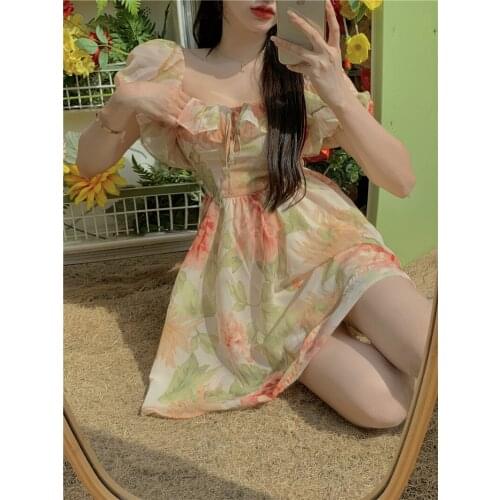 Dresses for women 2021 French Romantic Fairy Floral Temperament Dress Thin Lady Ruffle Square Collar Puff Sleeve Mini Dress Fall