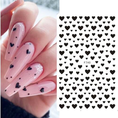 1pc 3D Stickers for Nails Black Heart Love Letter Nail Foil Glitter Stars Shiny Decoration Decal self-Adhesive Sliders NTF740
