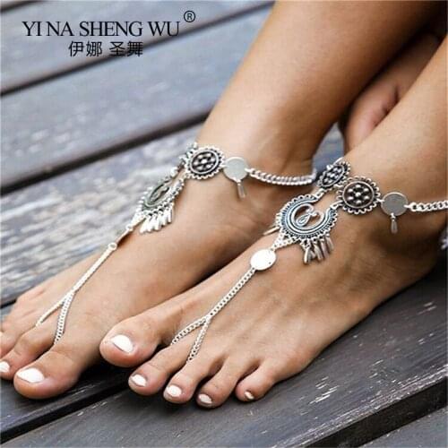Belly Dance Anklet Bohemian Ankle Bracelet Chain on The Barefoot Sandals Beach Foot Jewelry for Women Antique Silver Color 1PC