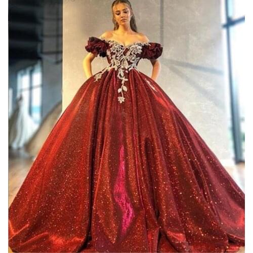 Glitter Ball Gown Appliques Evening Dresses 2021 Off Shoulder Formal Evening Party Ball Gowns Robe De Soiree Lace up Back