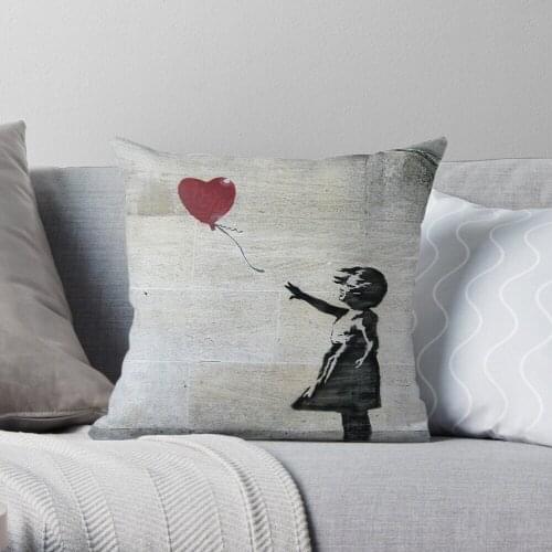 Banksys Girl With A Red Balloon Throw Pillow Cushion Cover Polyester Throw Pillows Case On Sofa Home Living Room Car Seat Decor
