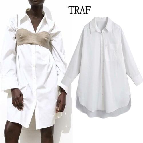 TRAF Za Top Woman 2021 Spring White Button Up Shirts Women Long Sleeve Loose Asymmetric Oversized Female Casual Blouses Female