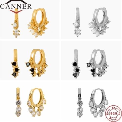 CANNER Real 925 Sterling Silver Luxury Zircon Hoop Earrings for Women Circle Round Huggie Earring Fashion Earings pendientes