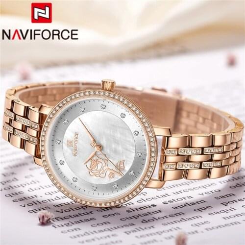 NAVIFORCE Top Luxury Brand Women Watch Rhinestone Quartz Lady Waterproof Wristwatch Rose Gold Stainless Steel Female Clock 5017