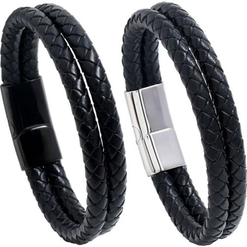 Double Layer Braided Leather Bracelet for Men Stainless Steel Magnetic Clasp Bracelet Bangle Mens Wristband Hand Chain Jewelry