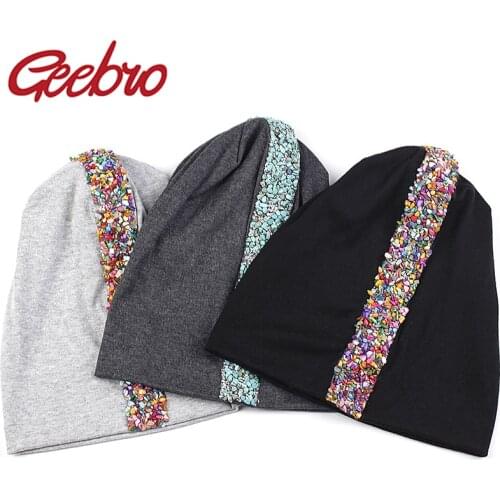 Geebro Women Colorful Stones Rhinestone Beanie Hats For Ladies Slouchy Fashion Cotton Beanie Skullies Cap Warm Bonnet