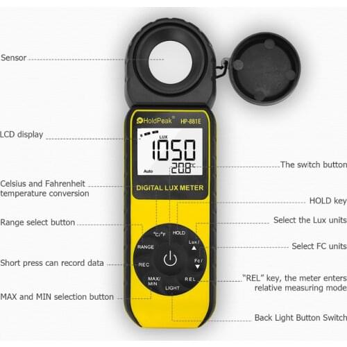 HoldPeak HP-881E New Digital LUX Meter 3000,000 LUX/FC selection High Precision Digital Luxmeter Handheld Type Illuminometer