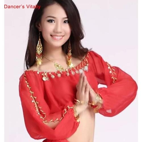 Belly dance costume winter chiffon lantern long sleeves gold coins top&tees for belly dancing top
