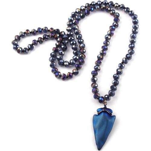 Fashion Jewelry Crystal Glass Long Knotted Hematite Stone Arrowhead Pendant Necklace