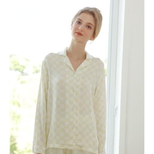 2021 Autumn Simple Pajamas Plaid Long Sleeve Trouser Suits Thin Satin Home Clothes Two Piece Set Lapel Viscose Loose Sleepwear