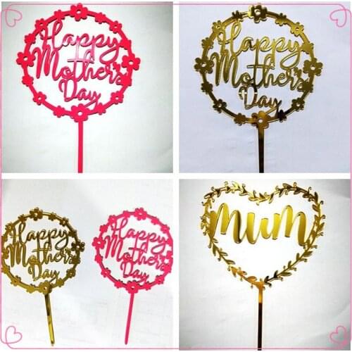 Happy Mothers Day Acrylic Cake Topper Gold Circle Flowers Mom Mum Cupcake Topper For Mom Mother Birthday Party Cake Decorations