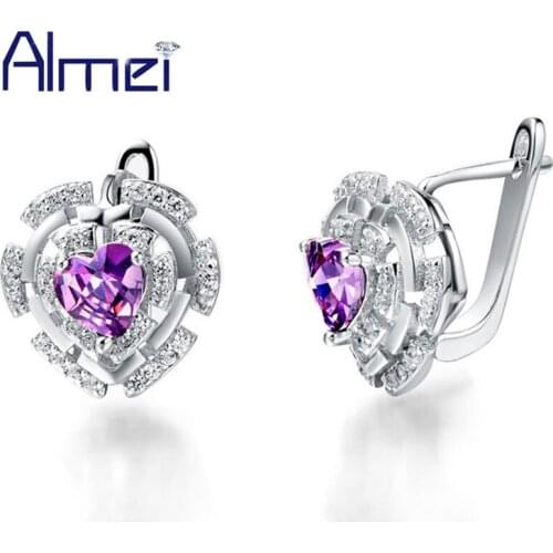 Almei Stud Earrings for Women Girls New Orecchini Silver Color Vintage Heart Cubic Cute Fashion Purple Rhinestone Earring R150