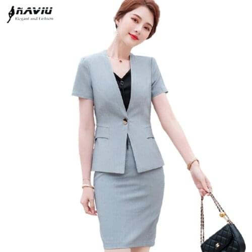 High End Professional Women Suits Formal Temperament Summer Gray Short Sleeve Slim Blazer And Skirt Office Ladies Work Wear
