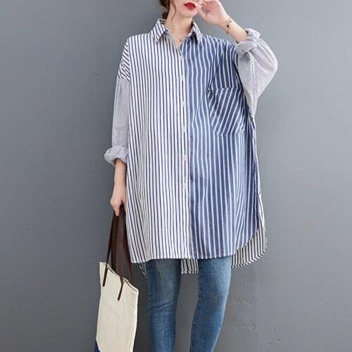 Johnature 2021 Autumn New Patchwork Striped Women Long Blouses Casual Irregular Loose Turn-down Collar Shirts