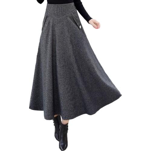 Women Skirts Winter 2020 Fashion Warm Winter Office Wool Pleated Maxi Skirt Femme Saia Long High Waist Retro Plaid Woolen 818i
