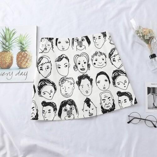 Heliar Women Portrait Parttern Skirt England Style Female High Waist Figure Printed Skirt Lady Casual Club Black/White Skirt